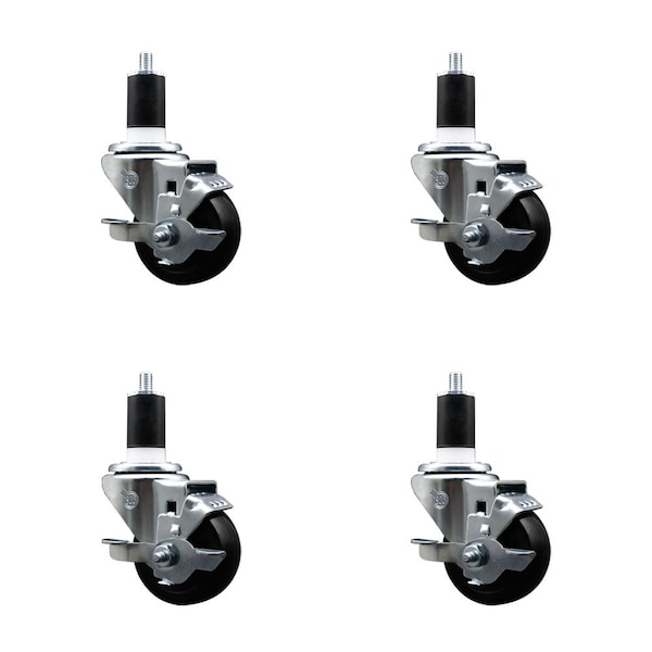 3'' Hard Rubber Swivel 1-1/2'' Expanding Stem Caster Set with Brake, 4PK